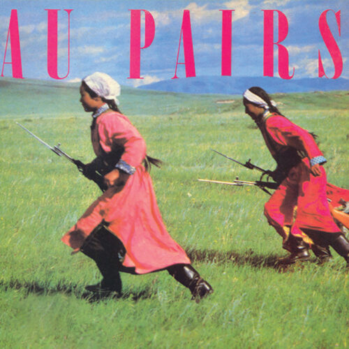An illustration of two women in headscarves and traditional dress running in a field carrying guns with bayonets, with the words Au Pairs written.