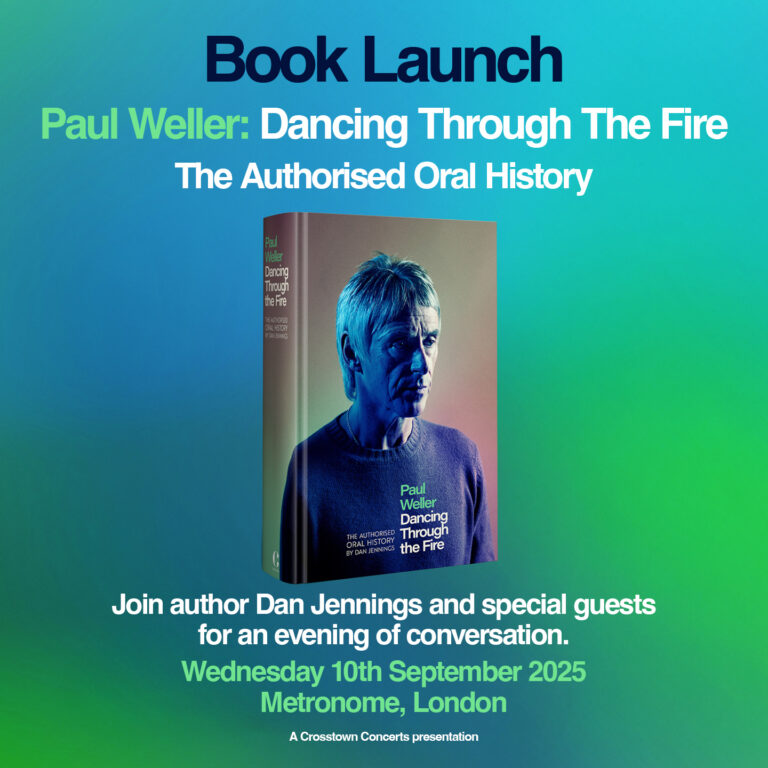 A picture of the front cover of Paul Weller: Dancing Through the Fire which shows a photography portrait of Paul Weller.