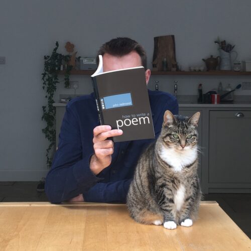 A person sitting at a table holds an open book titled “how to write a poem” by John Redmond, covering their face. In front of the person, a tabby cat sits on the table looking forward. The background shows a kitchen with shelves, plants, utensils, and various household items.