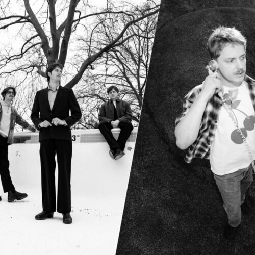 Black-and-white split image: on the left, members of Vundabar stand and sit inside an empty outdoor swimming pool with bare trees behind them; on the right, Yot Club stands on grass, holding a corded telephone.