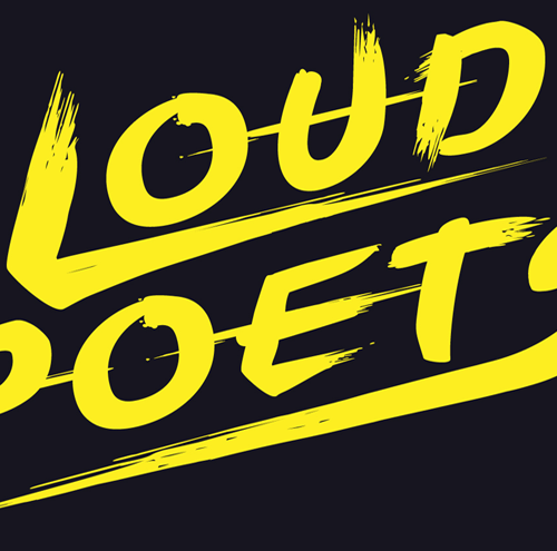 A stylized graphic logo on a dark, nearly black or deep navy background. The foreground features large, bold, hand-painted style text in bright yellow reading “LOUD POETS.”
